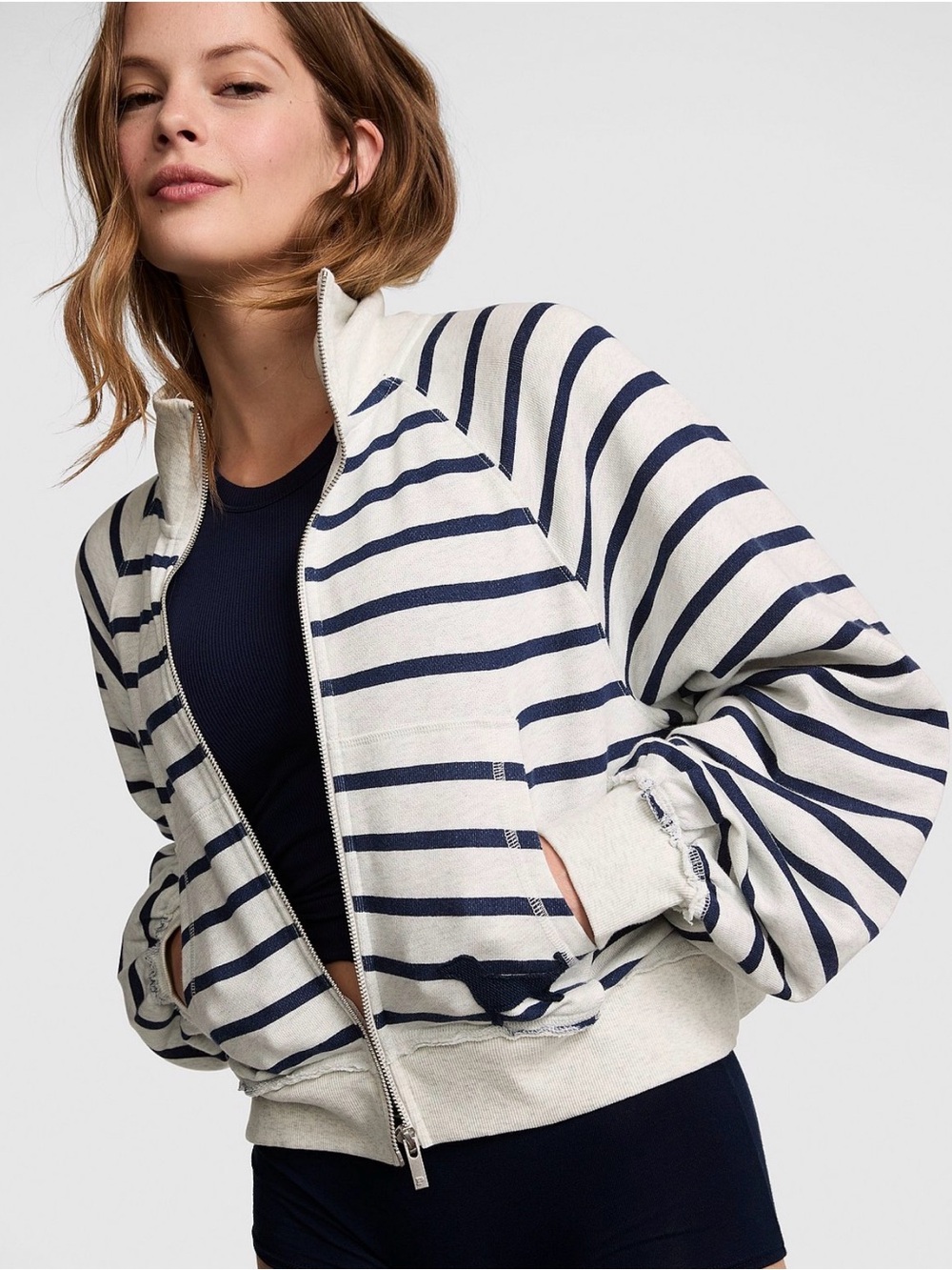 PINK Terry Full Zip Jacket Large NWT Nori Navy Stripe Sweatshirt